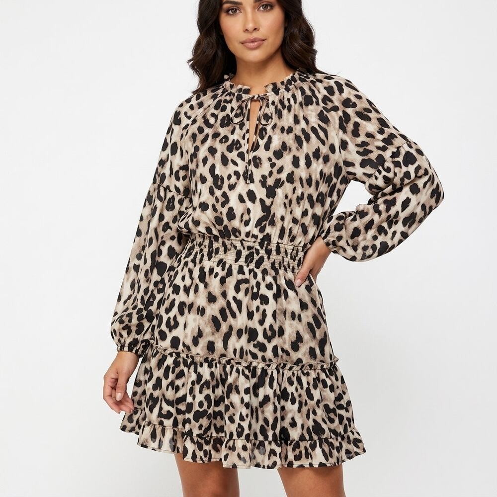 Ruby Love Beige Short Animal Print Lined Dress Women Size S